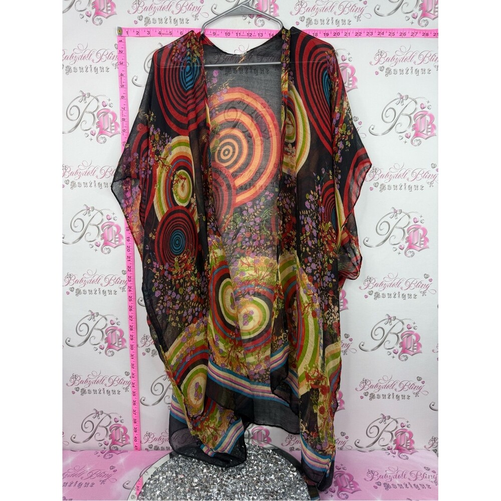 Kimono cardigan coverup Sheer Multi‑Color Spiral Print Kimono